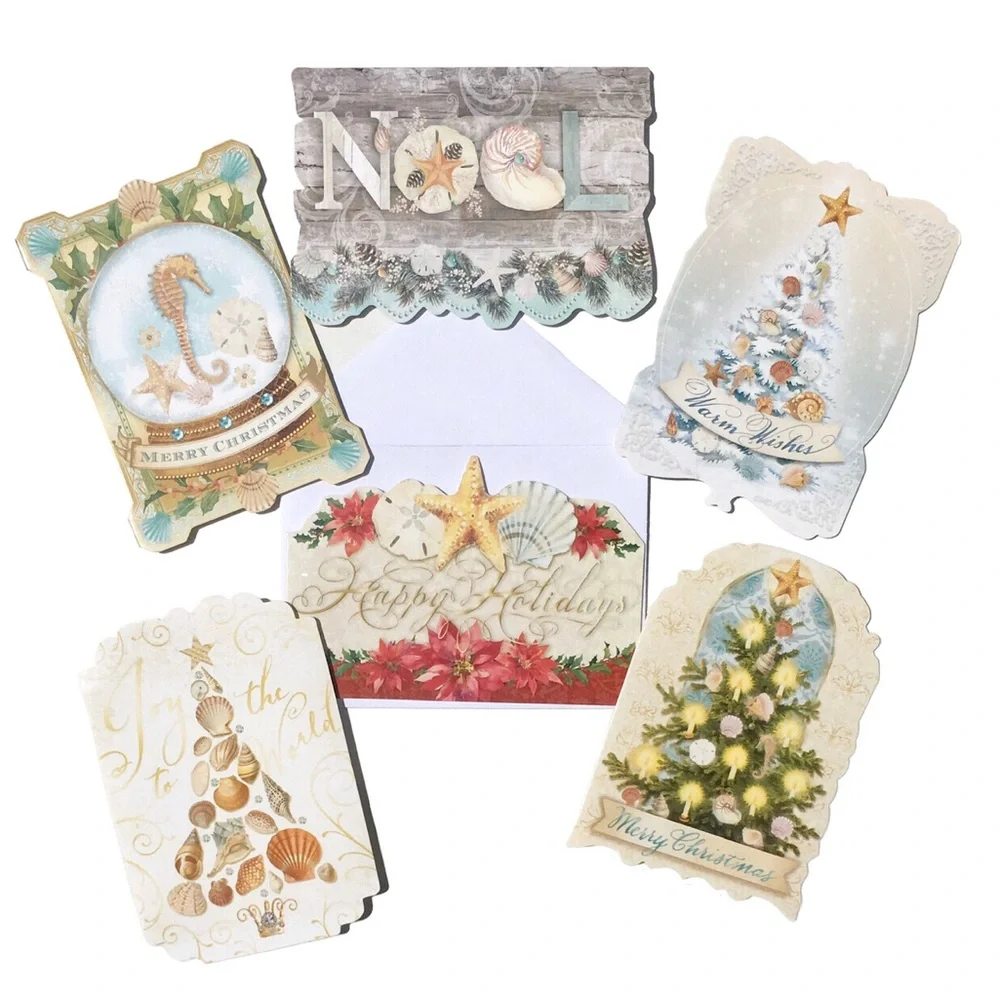 Punch Studio Christmas Shells Die-Cut Holiday Ephemera Note Cards (60813), 24 ct